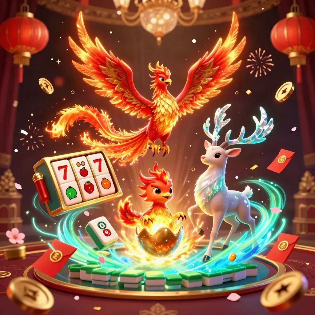 Fire phoenix, baby phoenix, and crystal stag amid casino symbols in a glowing luxury fantasy tile.