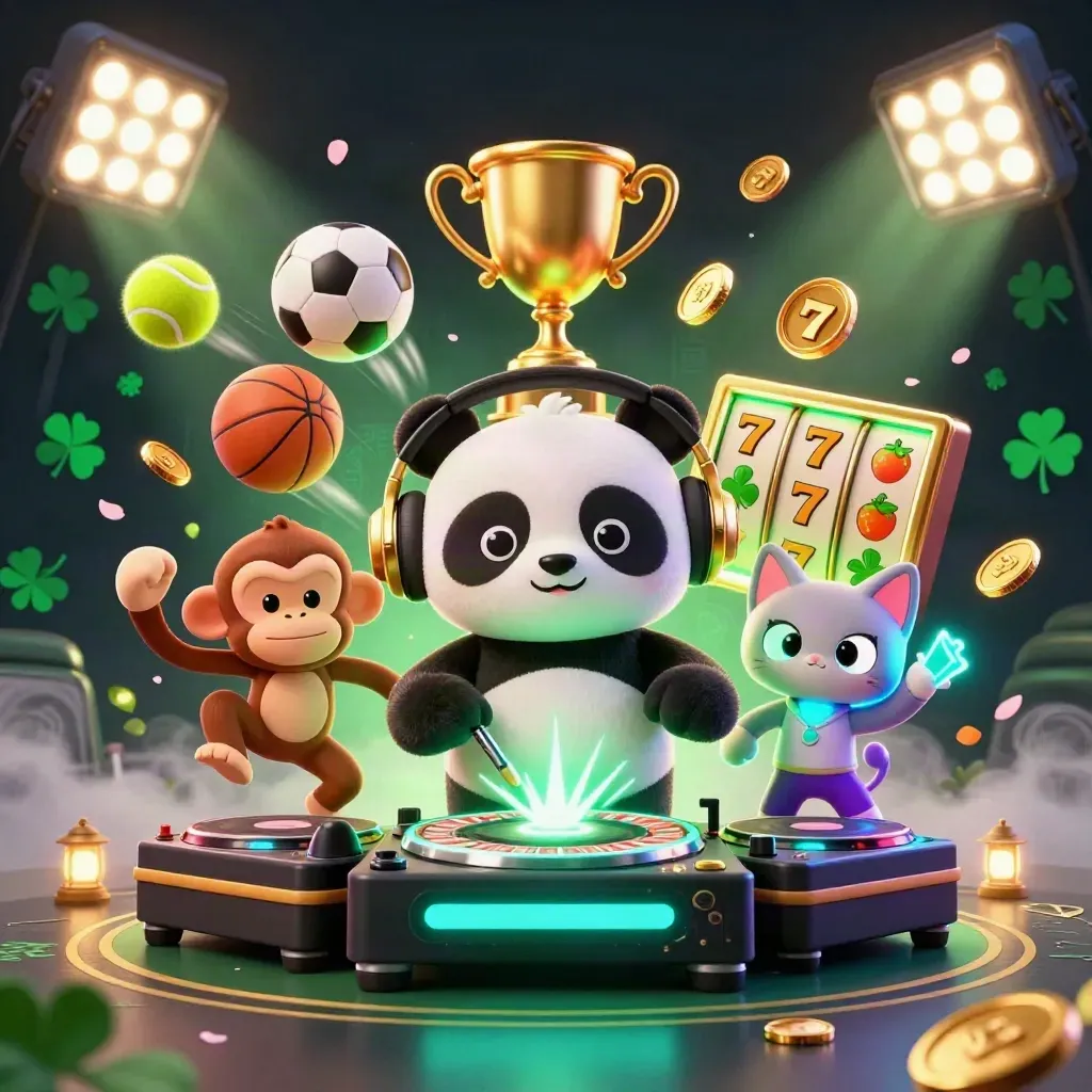 DJ panda with dancing monkey and rave kitten amid casino props, coins, and neon green glows.