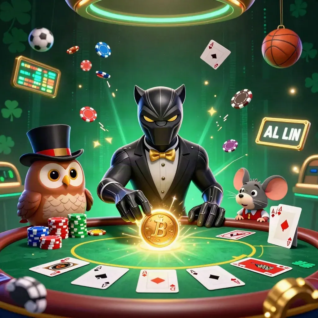 Panther, owl and mouse around a glowing gold bonus coin, chips and cards in neon casino light