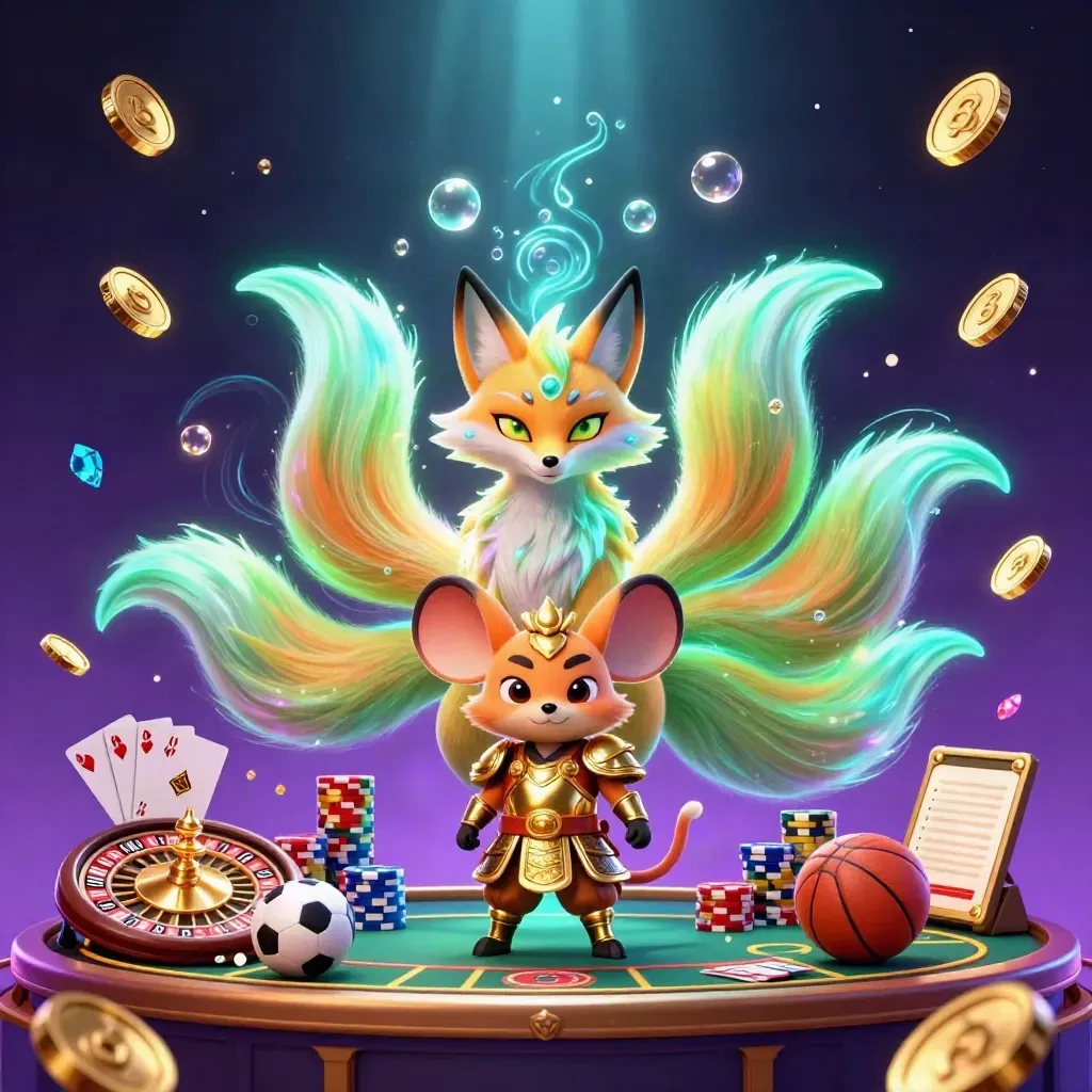 Fox spirit and samurai mouse amid casino coins, roulette, cards, chips, and sports props