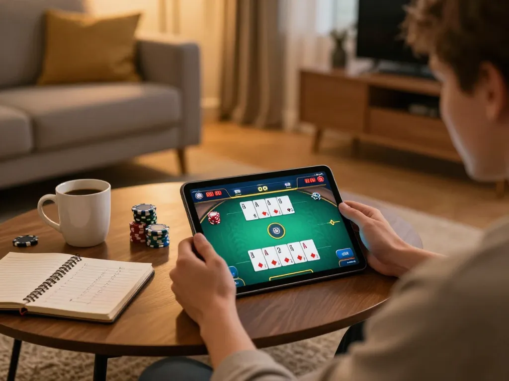 Engaged player using online casino app 78WIN on a tablet, showcasing poker gameplay.