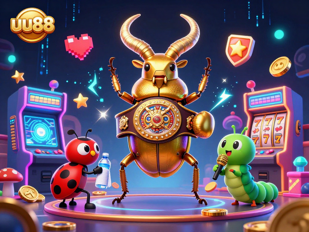 uu88 showcases an epic casino showdown featuring a golden stag beetle in a boxing belt, a ladybug coach, and slot game elements.