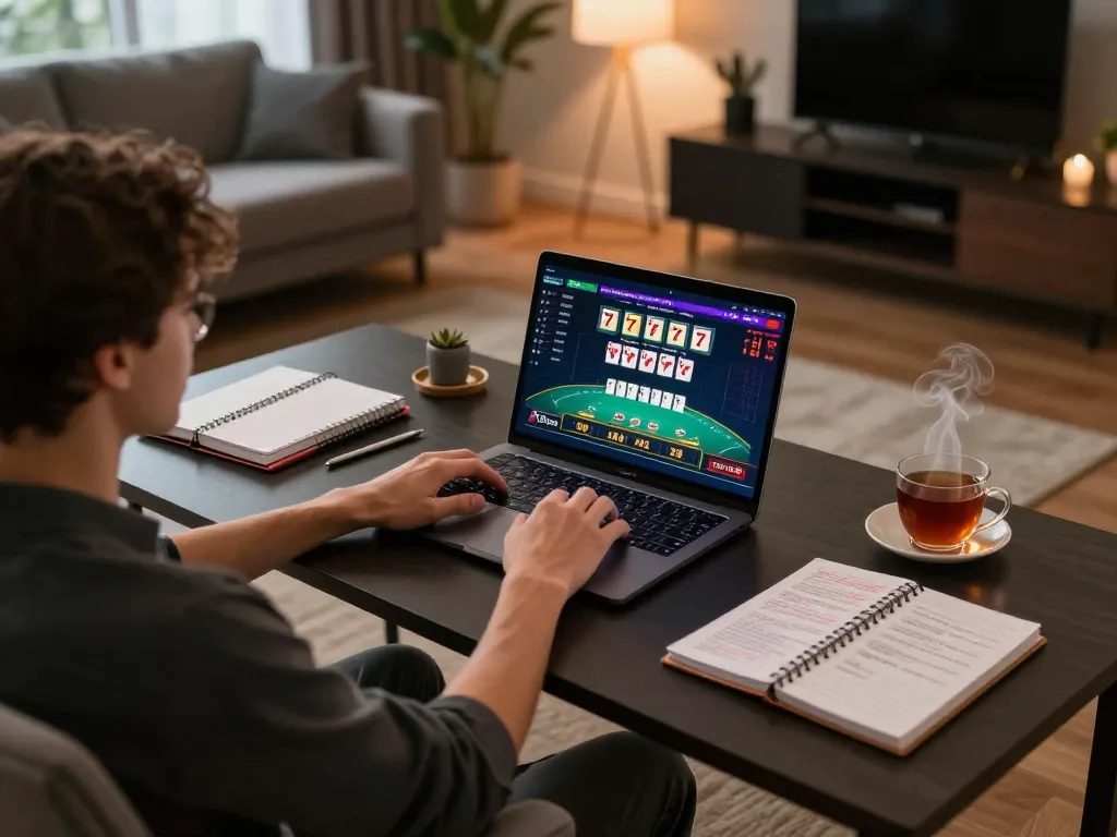 Gamer engaged in blackjack at 77bet casino, dynamic online gaming setup.