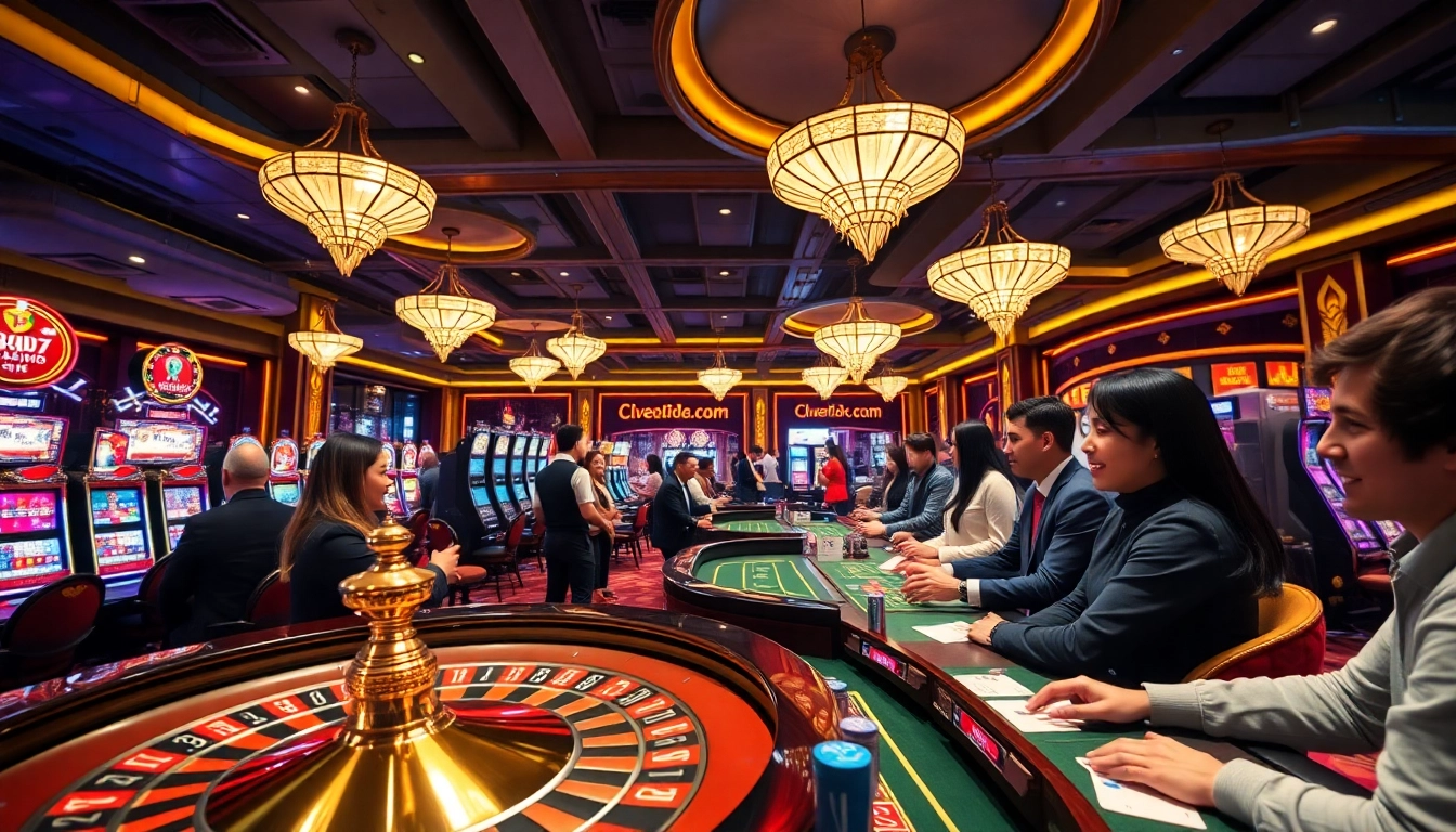 Experience the excitement at 8kbet with players enjoying vibrant slot machines and a luxurious casino atmosphere.