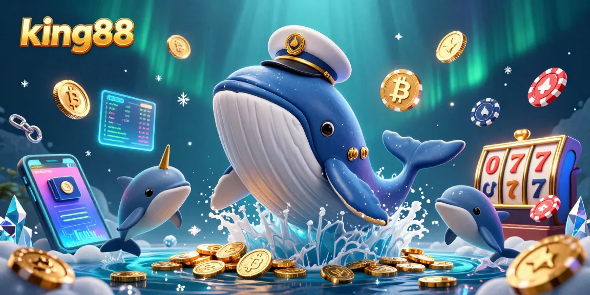 Experience king88's exciting world of slots with a dynamic underwater scene featuring a whale, narwhal, and dolphins.
