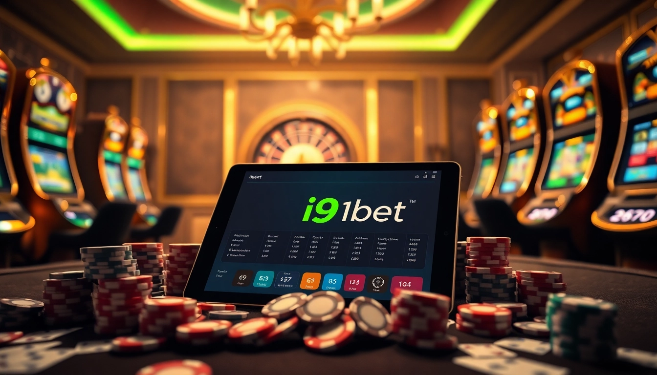 I9BET online gambling experience with shining slot machines, poker chips, and an engaging betting interface.