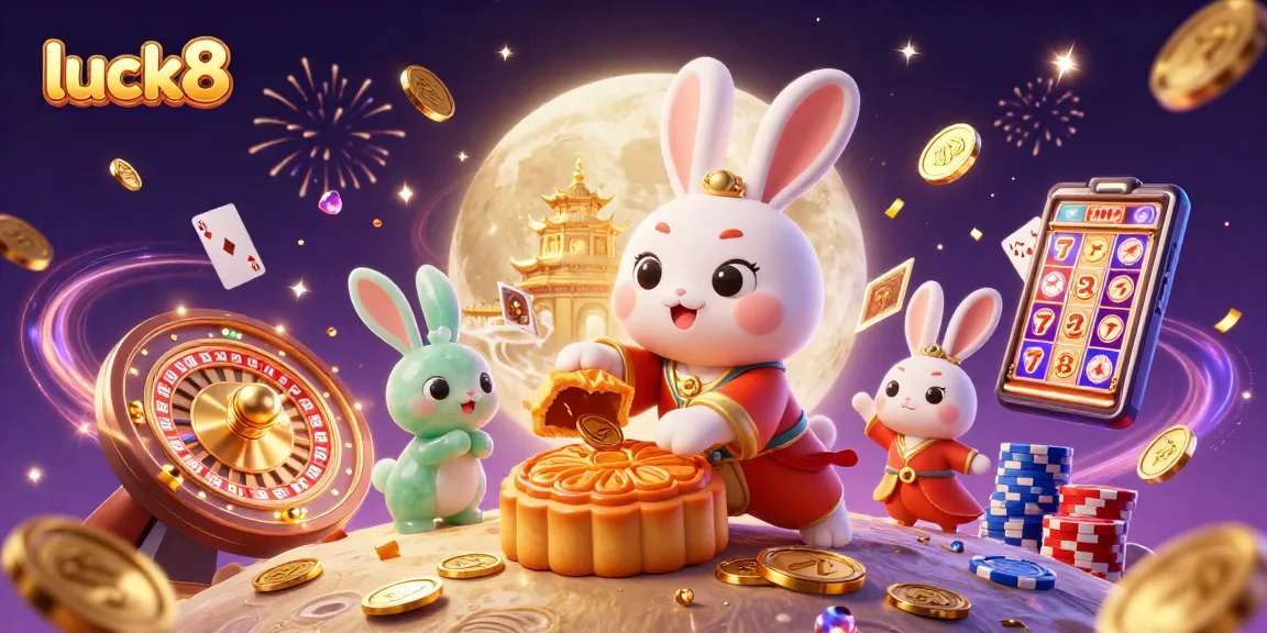 Experience excitement at luck8 with vibrant casino elements including a lucky moon rabbit and poker chips.