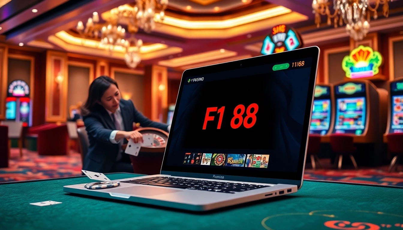 Experience excitement at F168 online with vibrant casino elements like roulette, cards, and slot machines.