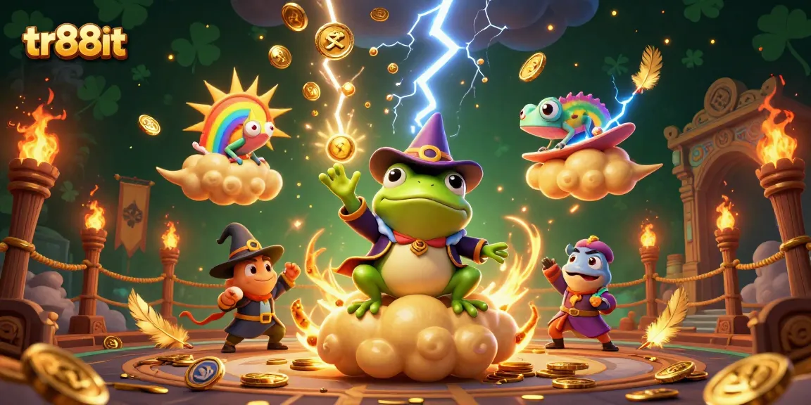 Engage with tr88it and win big with a vibrant scene featuring sparkling coins and dramatic effects.