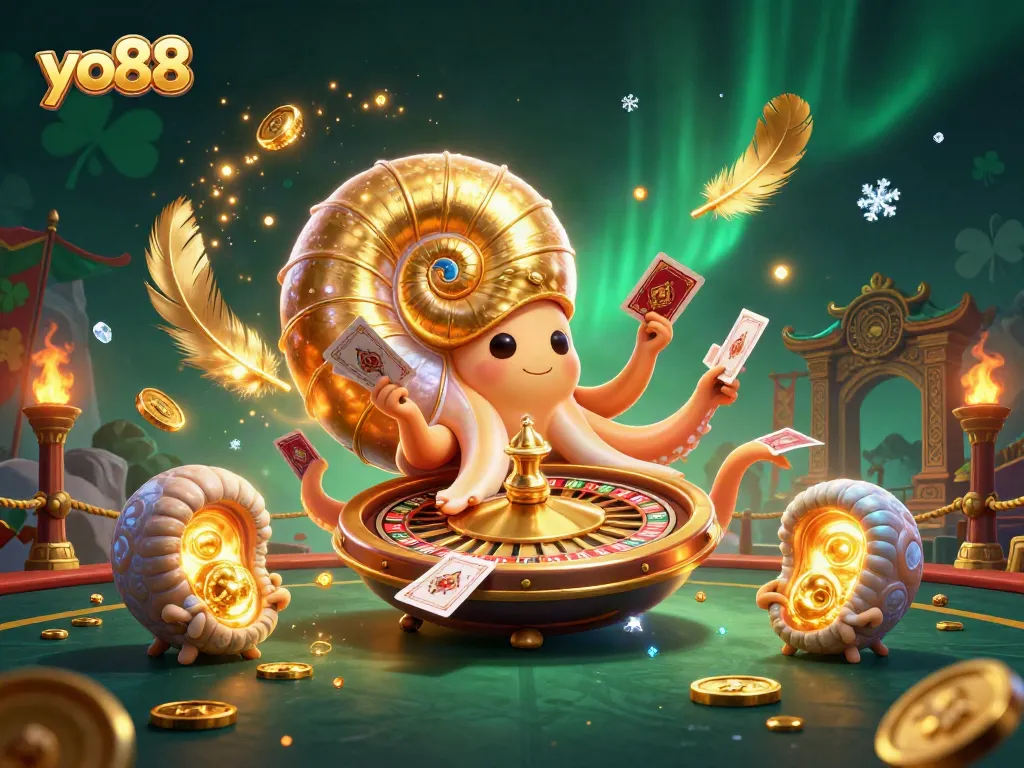 Experience exciting gameplay at yo88 with a vibrant 3D casino scene showcasing a nautilus wheel and glowing companions.