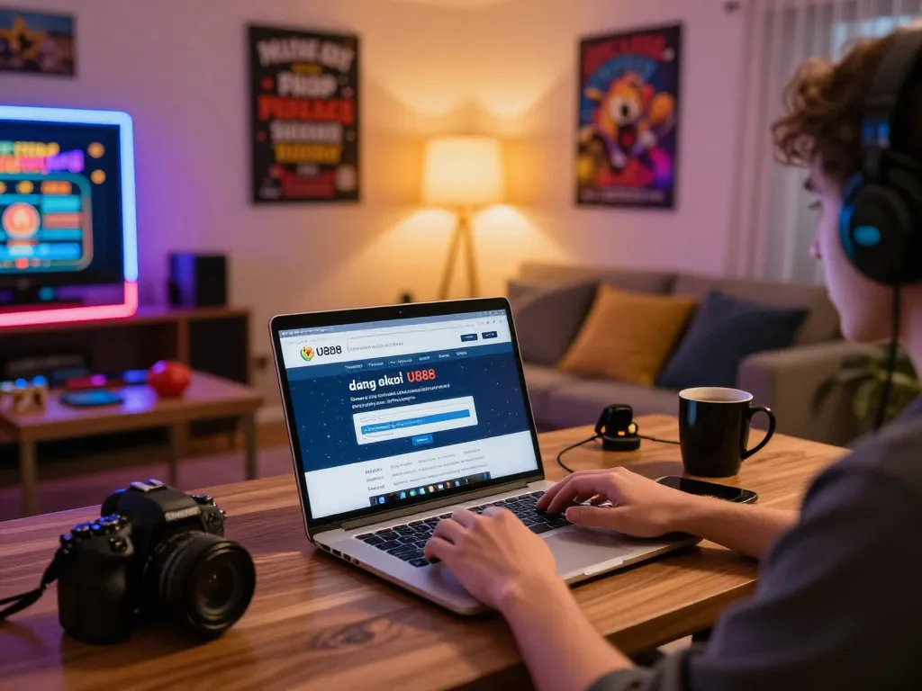 Engaging in đăng ký U888 on a laptop at a warm home casino setup, showcasing strategic gameplay.