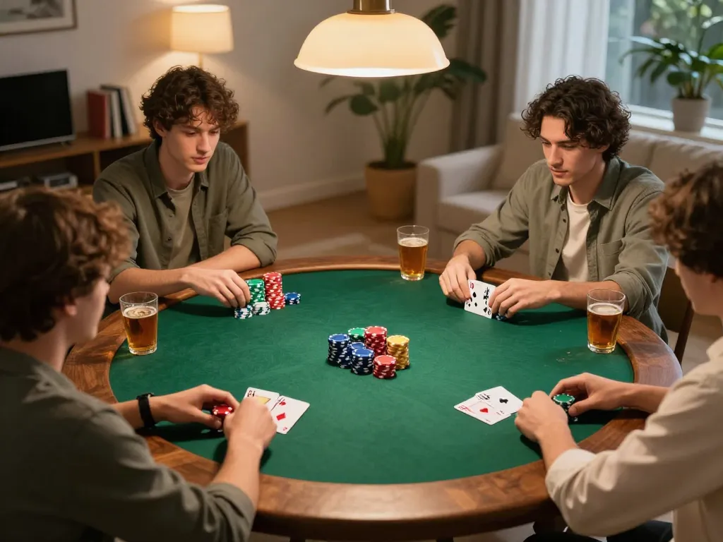 Friends enjoying a poker night at home with 58wiin, engaging over colorful chips and cards.