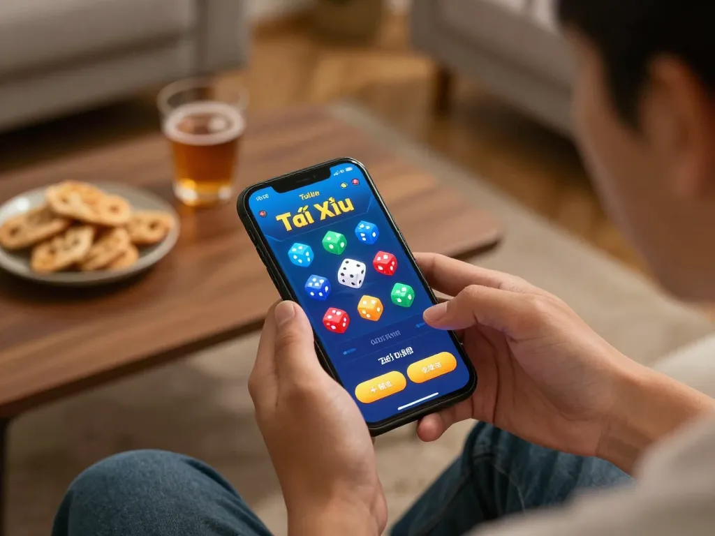 Engaging in app tài xỉu online uy tín gameplay on smartphone, showcasing vibrant interface in cozy setting