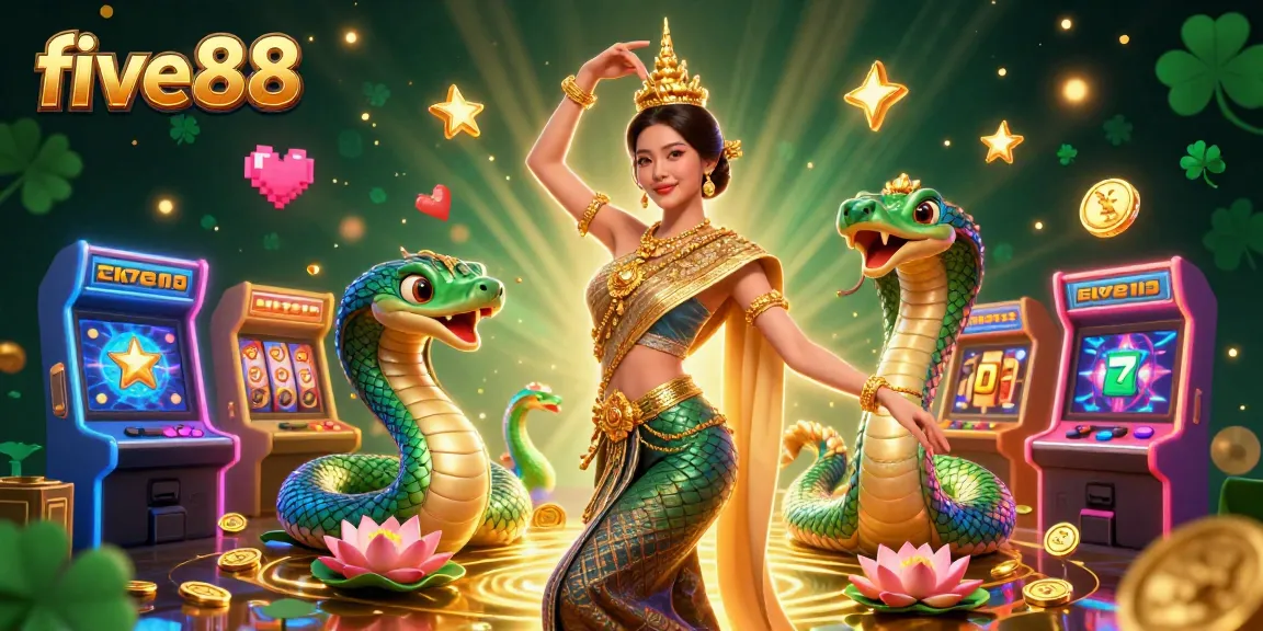 Experience thrilling slot adventures with five88 in this vibrant casino illustration featuring a woman and Naga serpent.