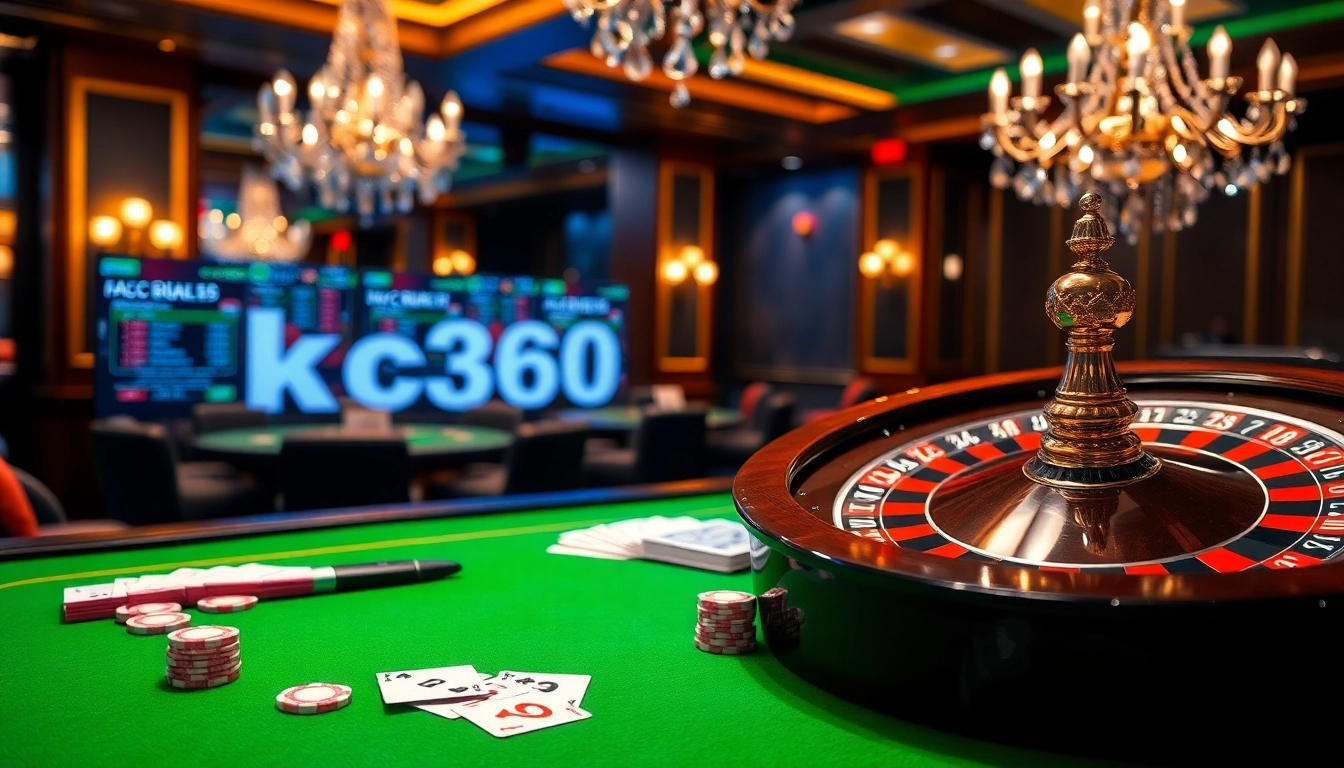 A thrilling casino atmosphere with a luxurious gaming table and roulette wheel featuring https://kjc365.com/ logo.