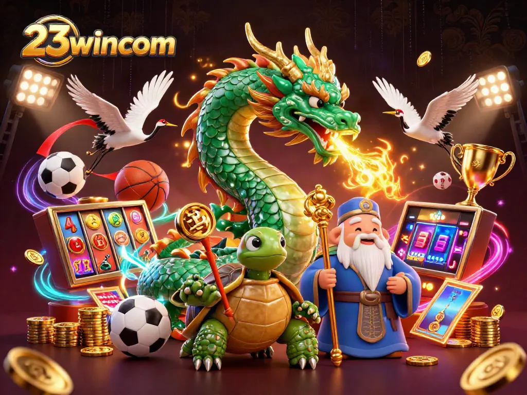 Experience the excitement of 23wincom with a 3D casino scene featuring vibrant characters and elements.