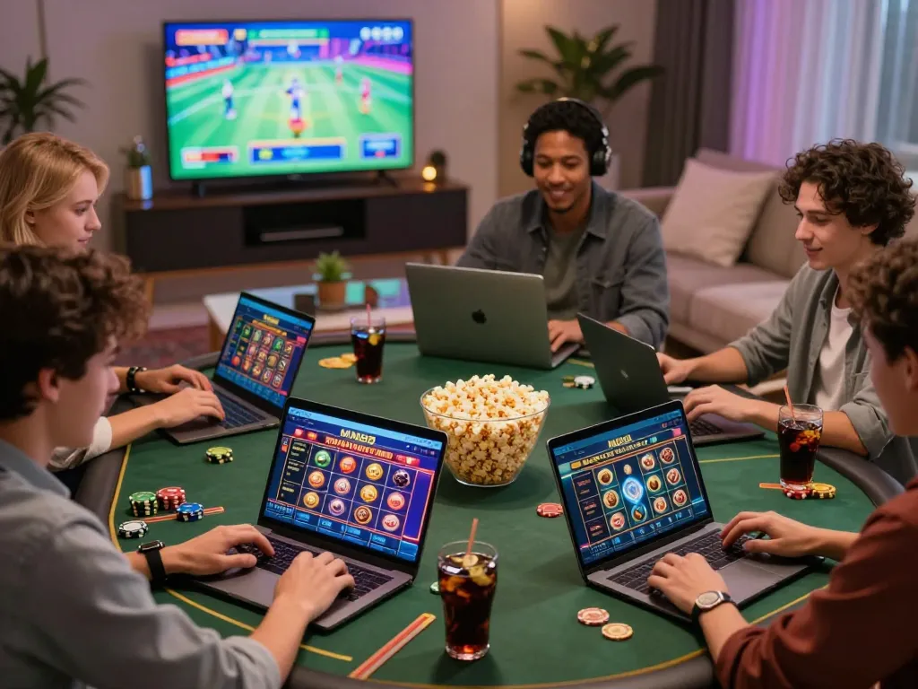 Friends enjoying an online casino game on MM88 platform in a cozy setting.