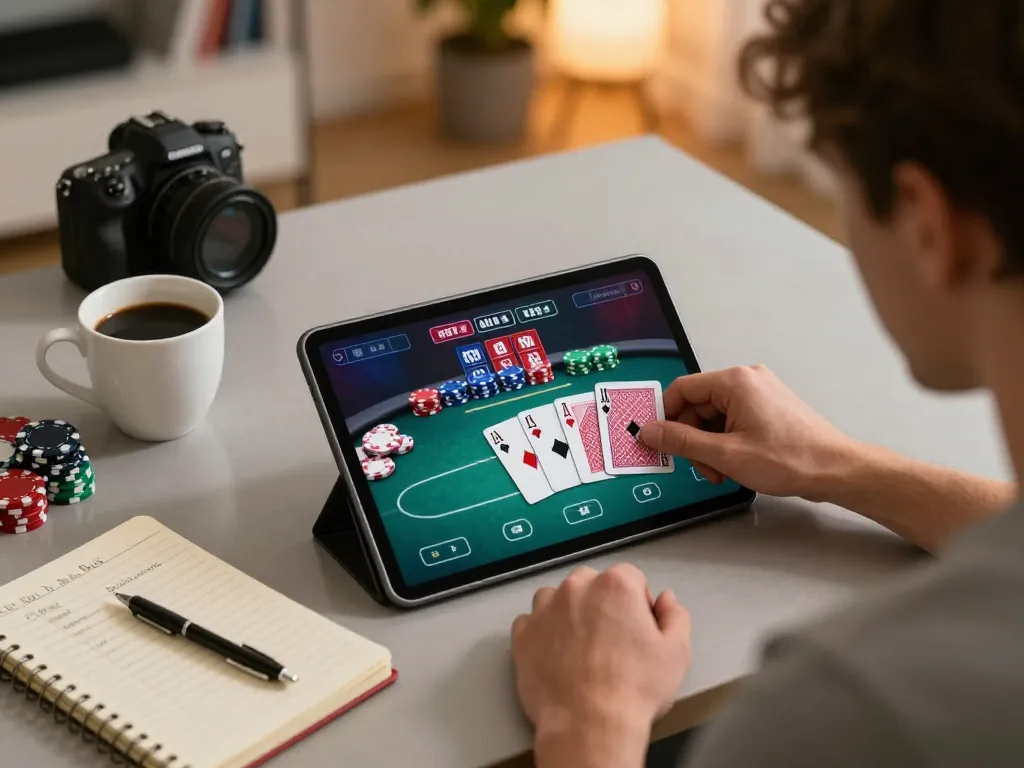 B52 Club online poker gameplay on a tablet, showcasing strategic betting with chips visible.