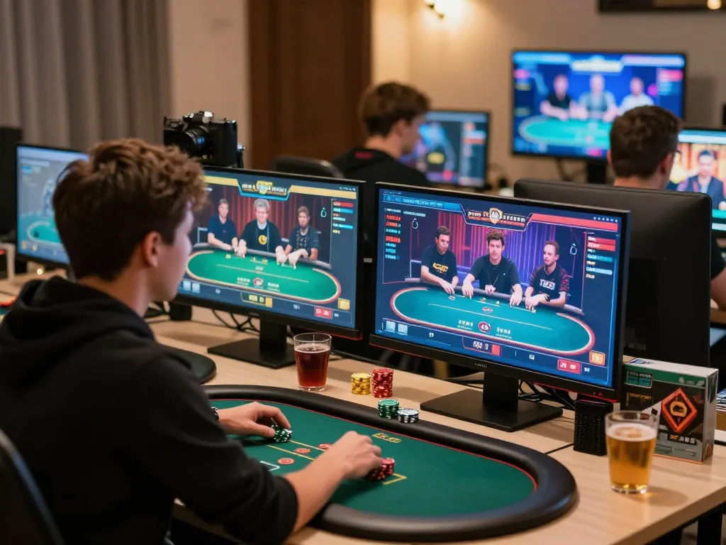 Engaged player at home gaming setup experiencing sunwin online poker with multiple screens and vibrant graphics.