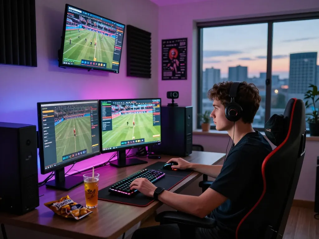 Exciting gaming scene with rikbet sports betting interface and vibrant home office setup.