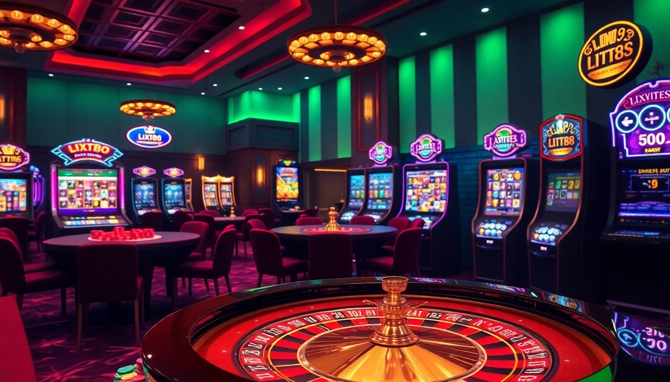 LIXI88 online gaming hub showcasing vibrant casino tables and thrilling slot machines.