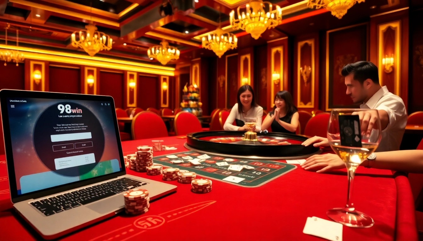Engaging in Đăng nhập 98win with an elegant casino atmosphere, showcasing live tables and online interfaces.