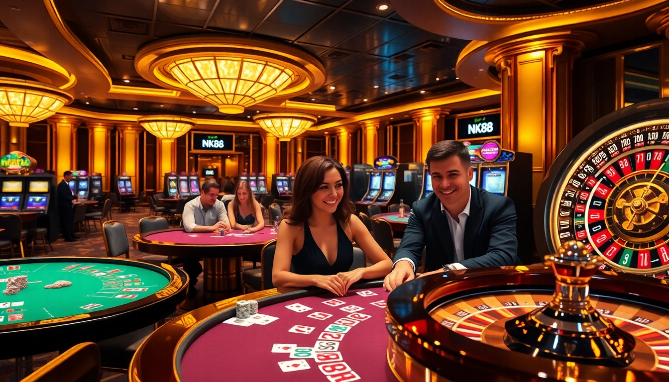 Experience the excitement of NK88 with vibrant poker games and casino tables in a luxurious setting.