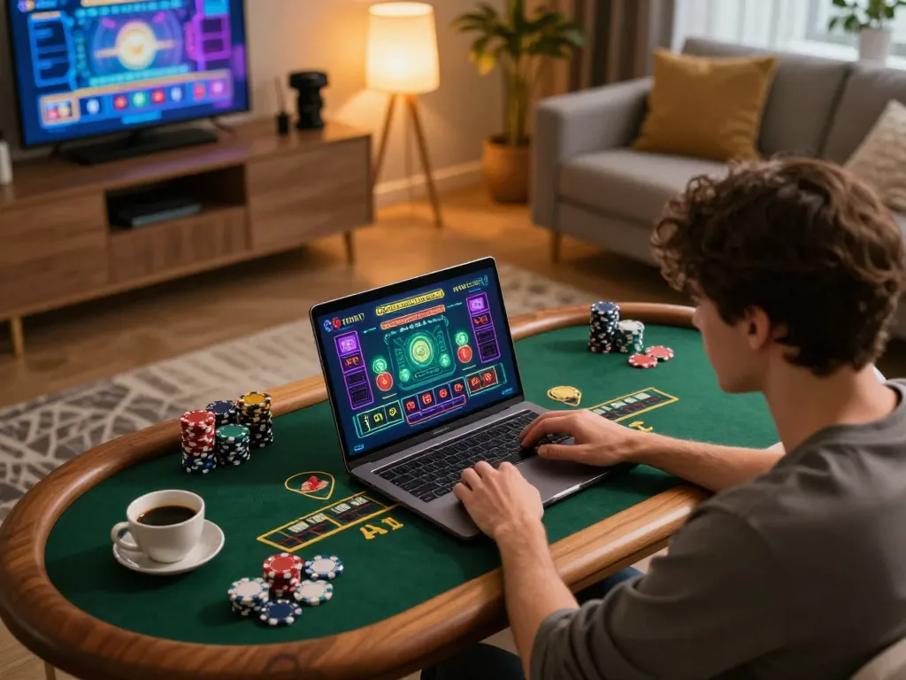 kp88 player engaging in live dealer blackjack from home, showcasing vibrant online gaming setup