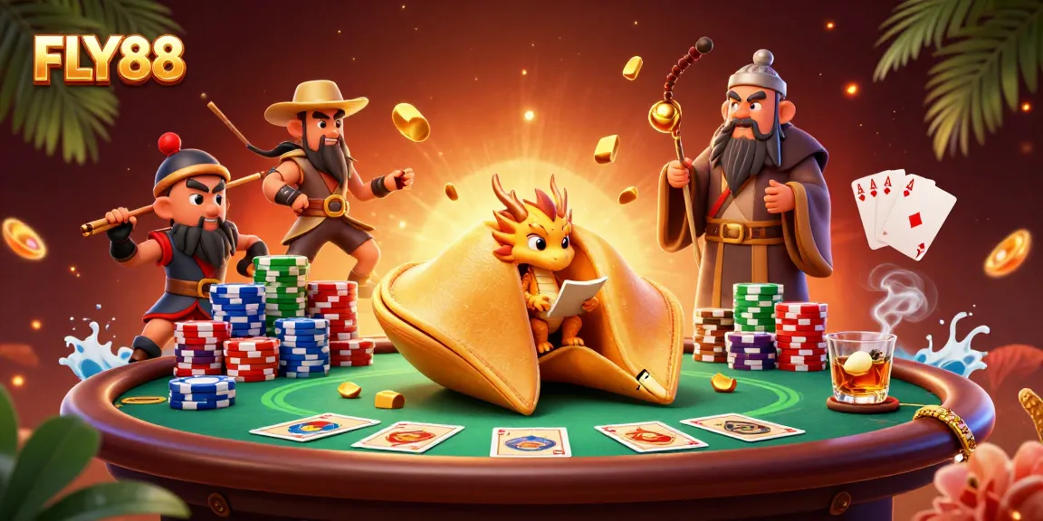 Engage with FLY88’s vibrant world of gambling, featuring themed characters amid poker tables and chips in dynamic play.