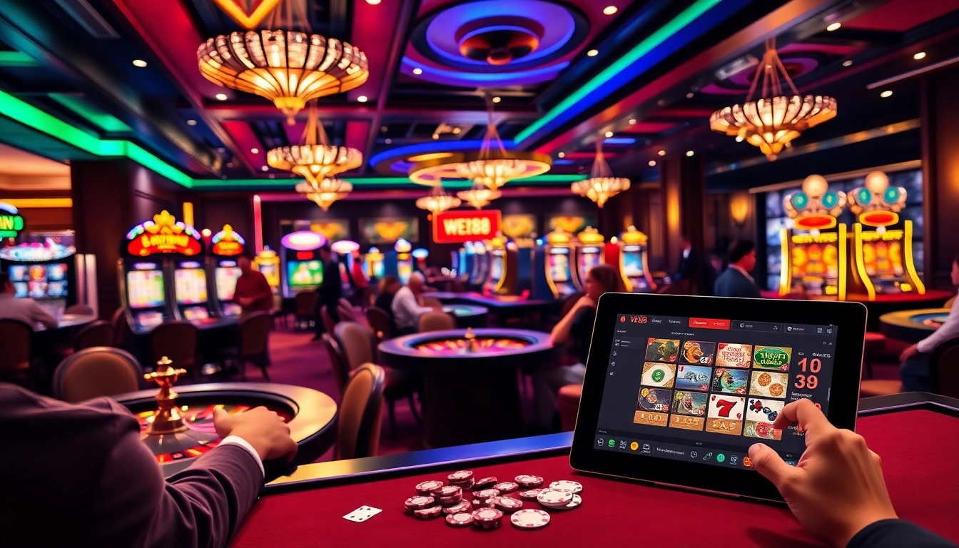 WE88 online casino scene with players enjoying roulette and poker games.