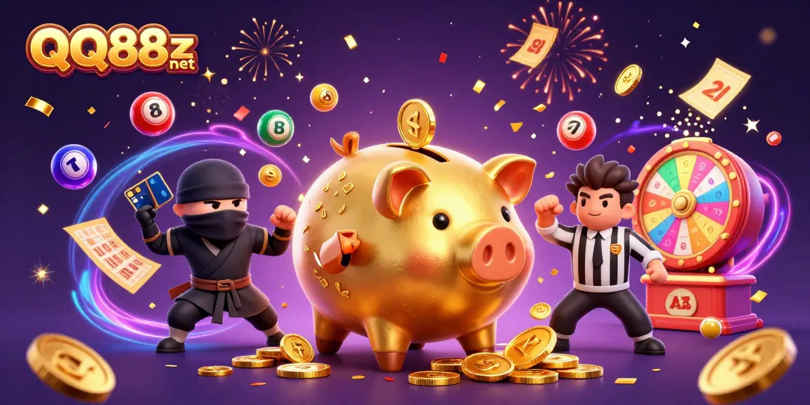 Engage with QQ88z net in a vibrant 3D casino scene with gold coins and lottery excitement.