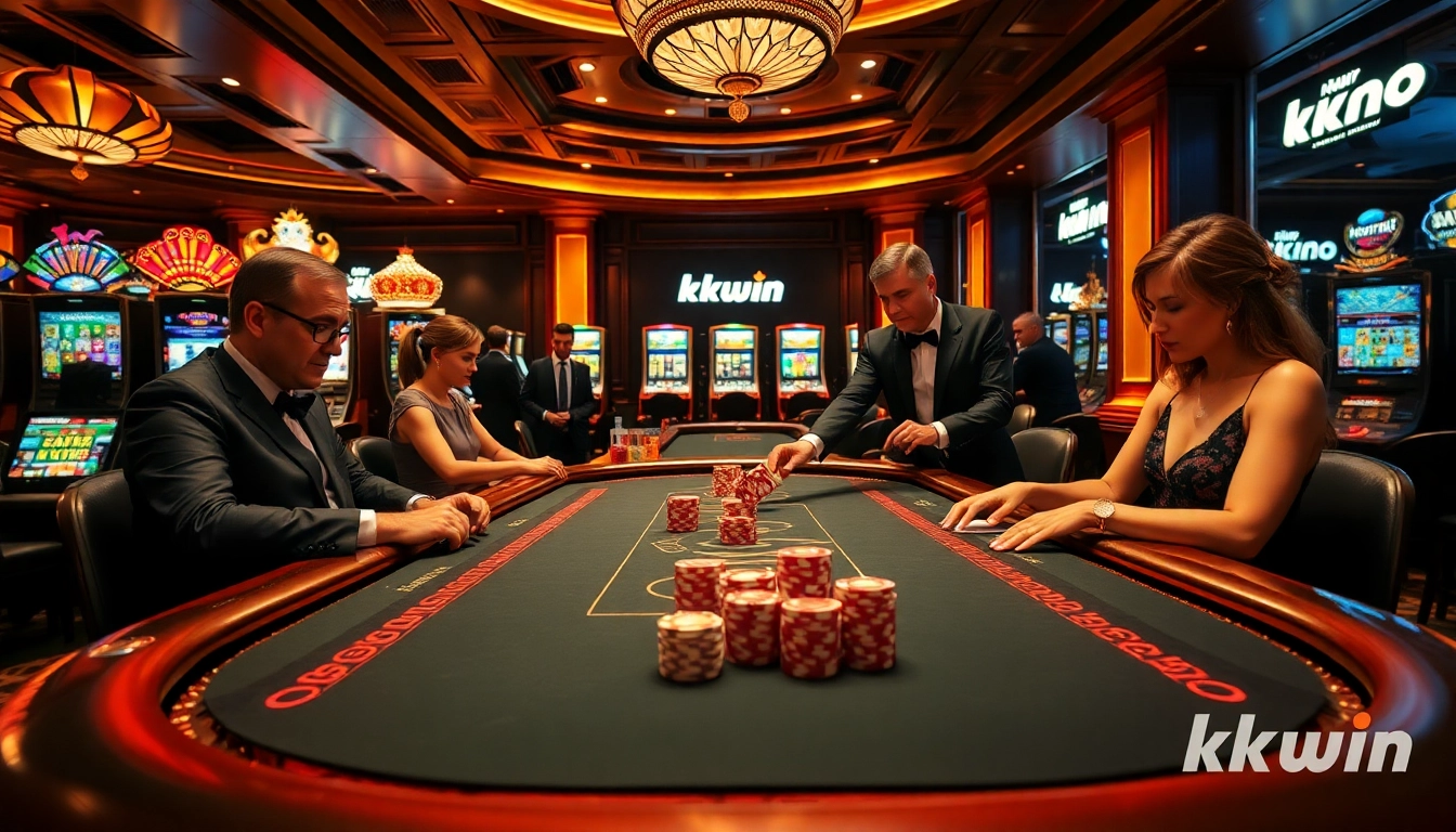 Players enjoying high-stakes poker at KKWIN, surrounded by vibrant slot machines and casino luxury.