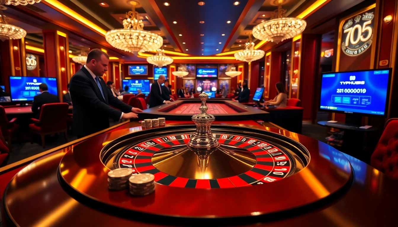 Typhu88 casino scene with a roulette wheel and players enjoying high-stakes gambling.