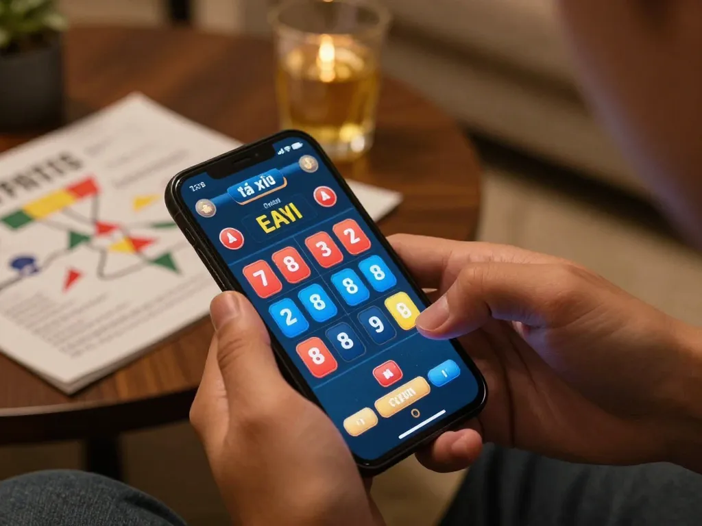 Engaging in tài xỉu online gaming on smartphone, showcasing betting options in a cozy home setting