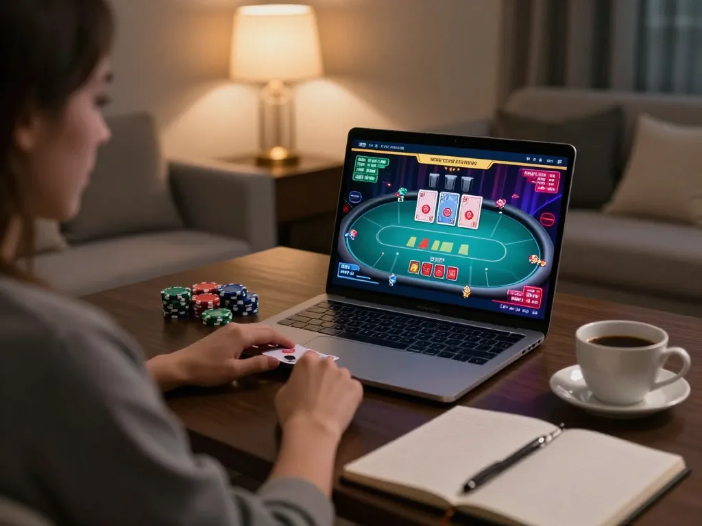 Engaging onbet gaming setup showcasing online poker excitement in a cozy evening atmosphere.