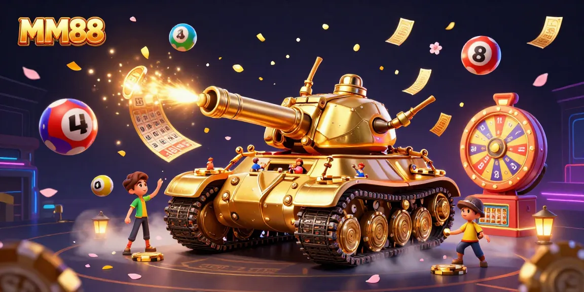 Engage in MM88 with a vibrant casino scene featuring a golden beetle tank and lively gaming elements.