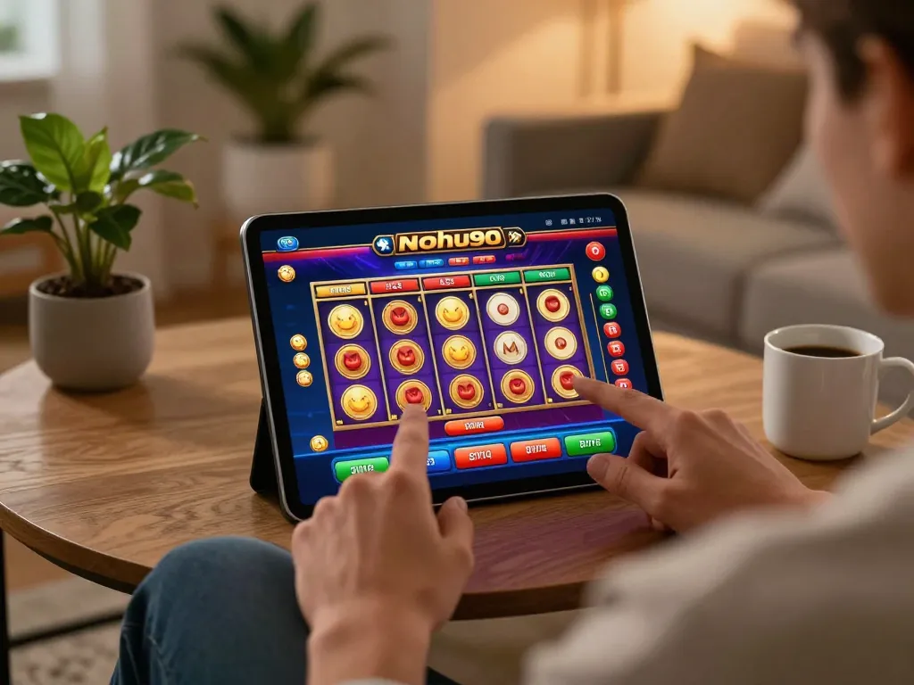Experience the thrills of nohu90 slot gameplay on a tablet in a cozy living room setting.