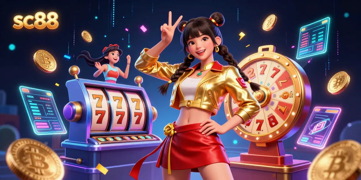 Exciting gaming action at sc88 with vibrant slot reels, crypto coins, and a cheerful Asian woman