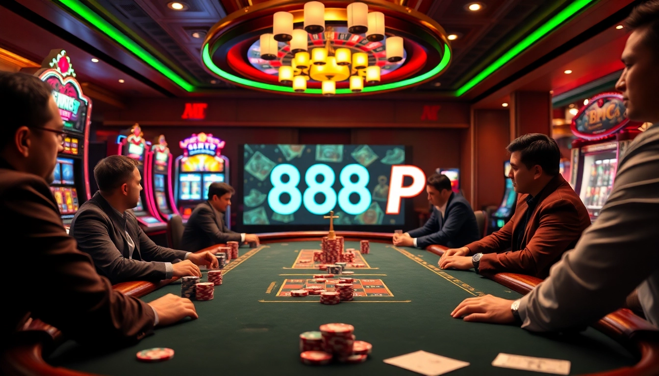 Gamblers engage in a high-stakes poker game at an upscale casino featuring vibrant 888 P branding.