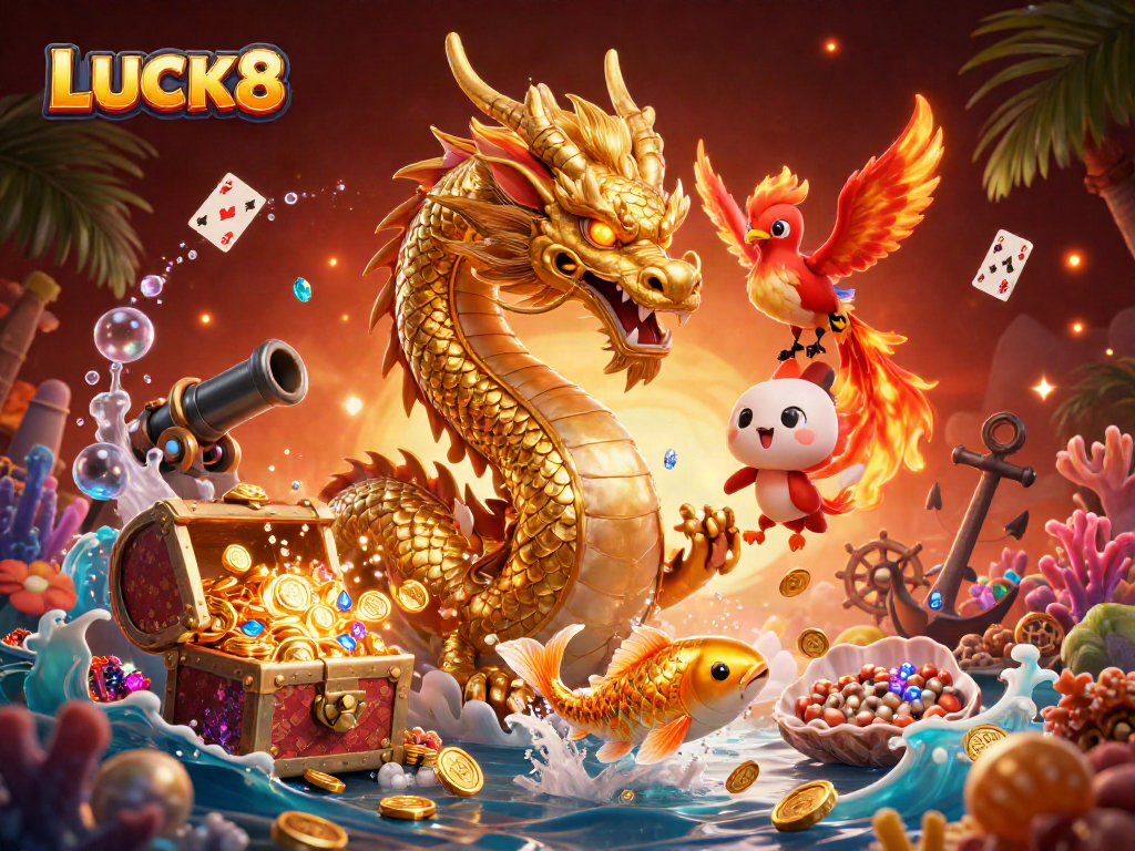 LUCK8 chào đón may mắn với rồng vàng và phượng hoàng trong không gian tài chính.