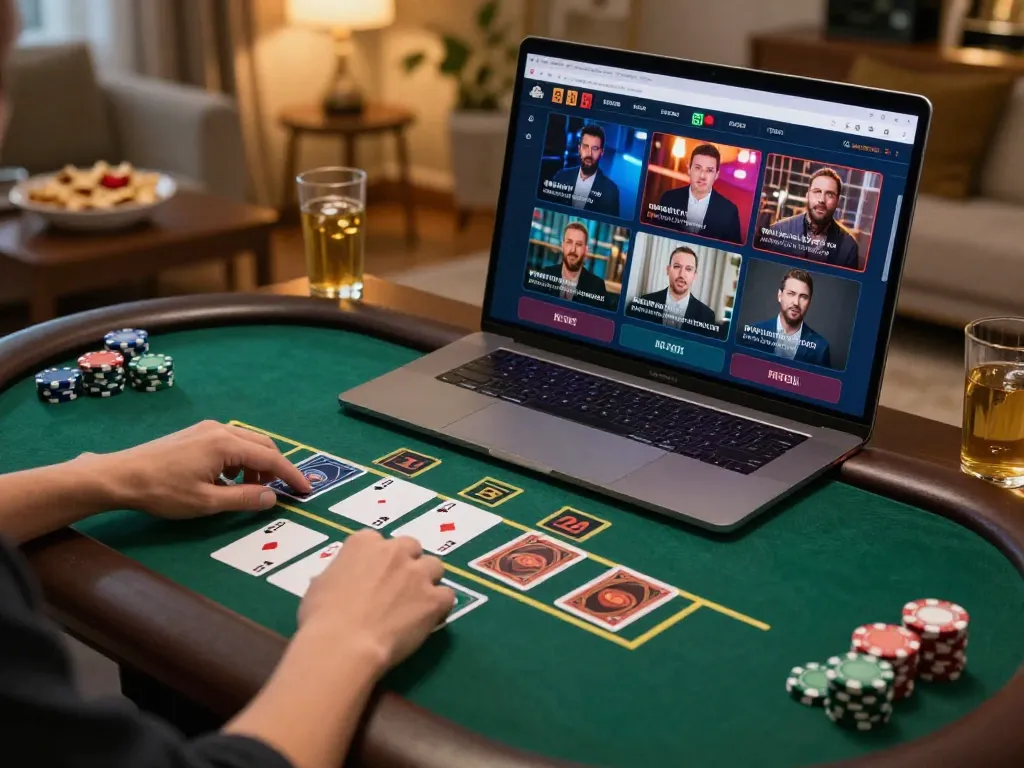 Players enjoying a victorious moment while playing LUCK8 blackjack at home, celebrating their success with chips and cards in view