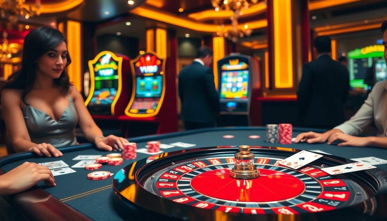 Experience the thrill of gambling at VU88's elegant casino table setup with poker cards and roulette.