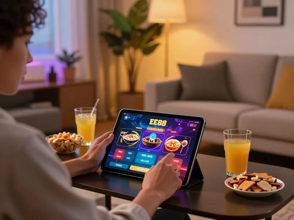 Player enjoying the EE88 casino app on a tablet in a stylish home setting