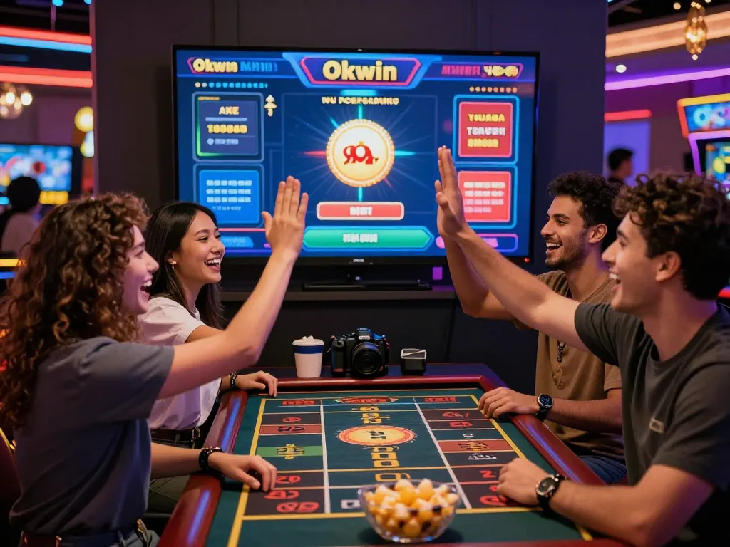 Friends celebrating their online gaming experience at https://okwin68.net/, showcasing a lively casino atmosphere filled with excitement and camaraderie.