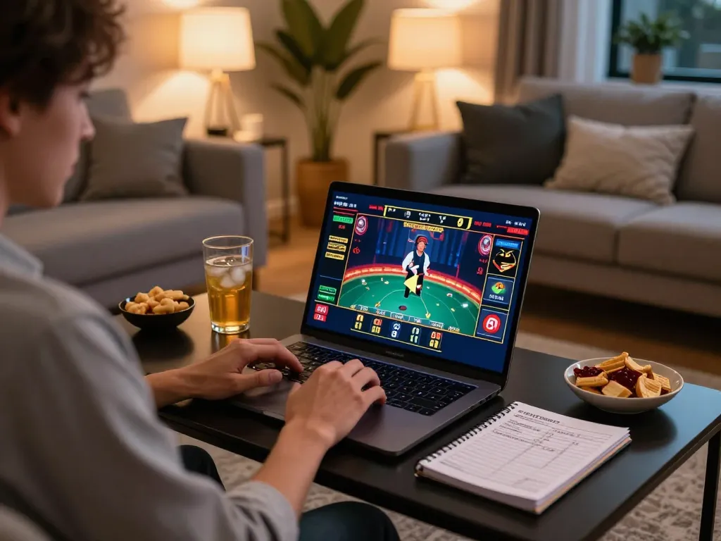 Engage in online gaming at home using https://go8.agency/ with live dealer action on laptop.