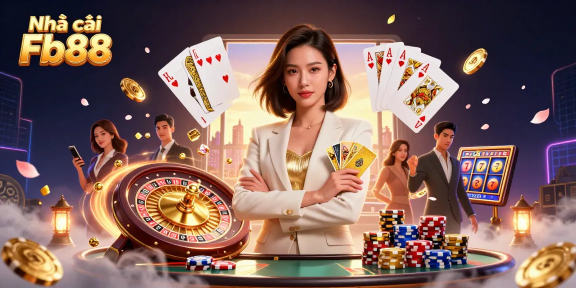 Play with Nhà cái Fb88 through vibrant gambling elements in a dynamic casino illustration.