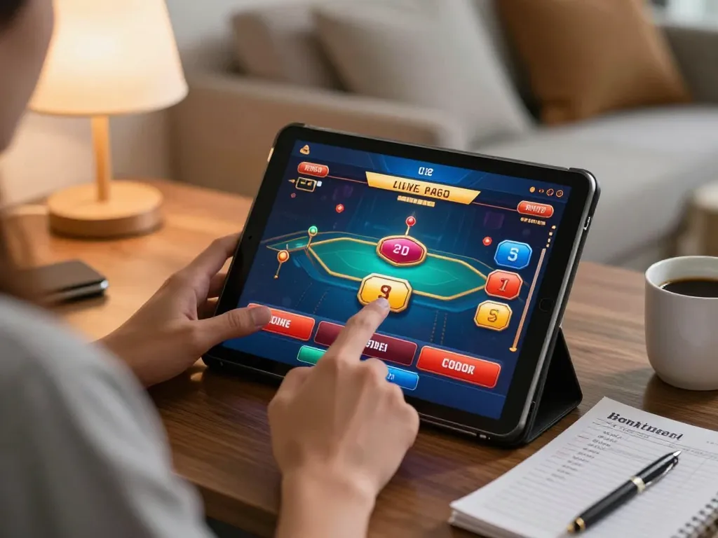 GK88 link vào engages users in online casino gaming on a tablet in a cozy setup.