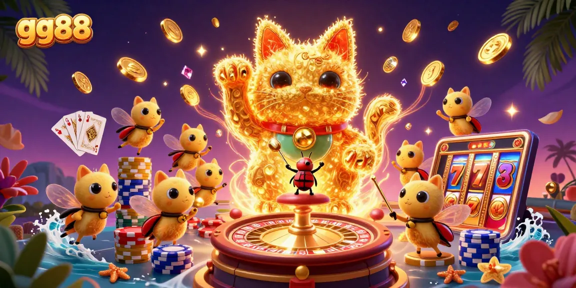 Experience excitement with gg88 in a vibrant 3D casino illustration featuring lucky symbols and dynamic gameplay.