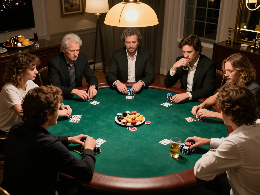 Players engaged in a thrilling x88 poker game at home, showcasing camaraderie and strategic decisions