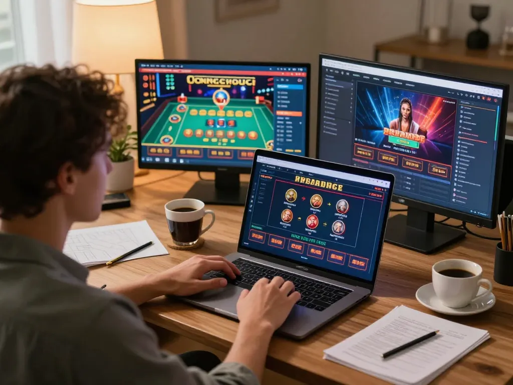 GO8 player enjoying a thrilling online betting experience from home using laptop, showcasing strategic gaming atmosphere.